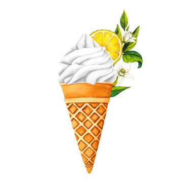 recommend clip art: Lemon ice cream with white cream and slice of lemon. Watercolor illustration frozen sweet dessert isolated on white background. Romantic ice-cream cone with lemons, wedding sweets