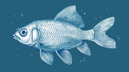 a black and white drawing of a fish on a blue background, with bubbles of water in the bottom right corner of the fish's eye and bottom half of the fish's body.