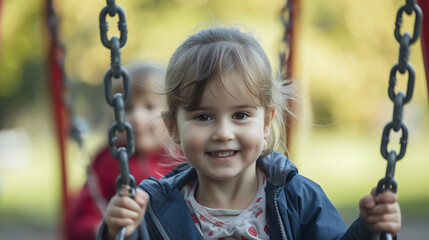 Little happy girl on swing. 