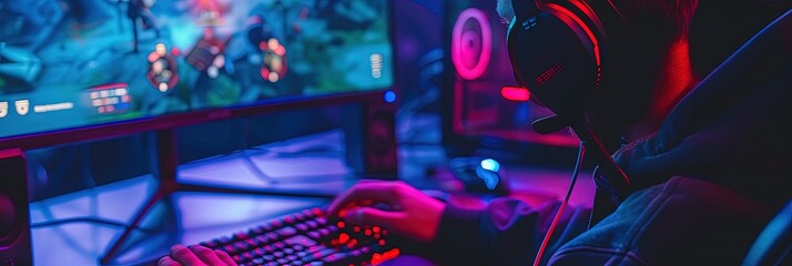 Esports setup with gamer bathed in neon lights