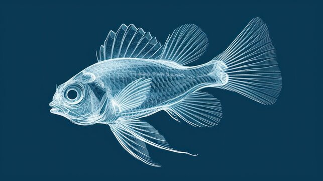  a black and white drawing of a fish on a blue background with a white outline of a fish in the bottom right corner of the image and bottom half of the image.