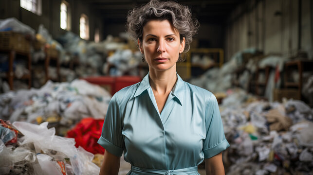 Woman at recycling plant advocating waste reuse. Generative AI image