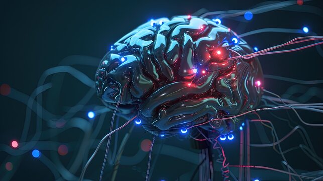 Artificial intelligence concept with human brains hooked to wires and circuitry