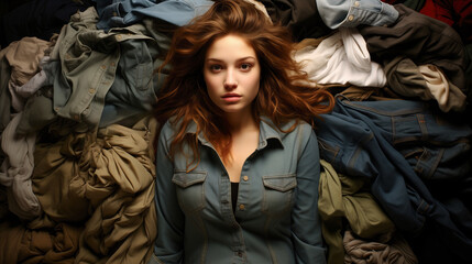 Clothing waste and recycling concept with a young woman. Generative AI image