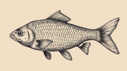  a black and white drawing of a fish on a beige background with a black and white line drawing of a fish on the bottom of the image is a black and white line. - obrazy, fototapety, plakaty