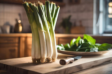 Fresh Calçots Onions on Wooden Kitchen Counter, Ready for Cooking