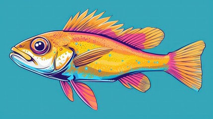  a drawing of a fish on a blue background with a yellow and pink fish in the middle of the image and a blue background with a yellow fish in the middle.