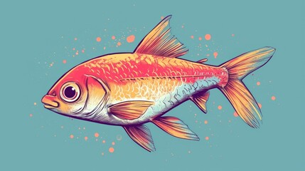  a drawing of a goldfish on a blue background with bubbles of water in the bottom right corner and bottom left corner of the fish's head and bottom half of the fish's body.