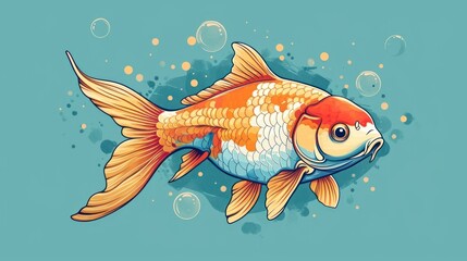  a drawing of a goldfish with bubbles of water on it's back and a blue background with bubbles of water on it's sides and a light blue background.