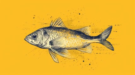  a black and white drawing of a fish on a yellow background with a black outline of a fish on the bottom of the image and a black outline of the fish on the bottom of the image.