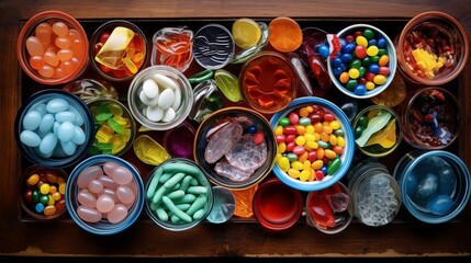 High angle view of multi colored objects on table