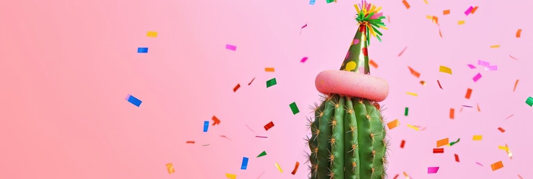 Happy saguaro cactus wearing birthday hat with colorful confetti on pink background and plenty of copy space