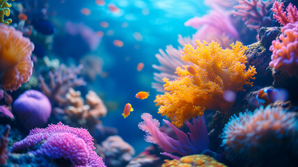 Naklejka na ściany i meble Natural coral reef vivid background, underwater view with fish