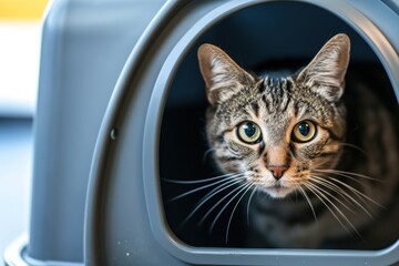 Cat with hooded litter box exits through cat flap gazes at camera with available space for text