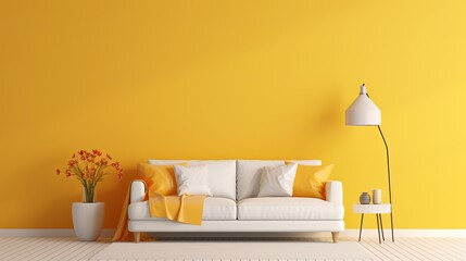 Interior scene mock up with yellow wall room and white sofa minimalism. 3d rendering