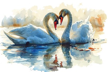 watercolor illustration of beautiful couple white swan birds kissing on the water