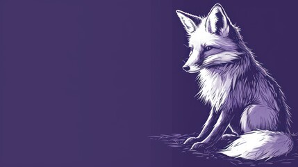  a drawing of a fox sitting on the ground with its eyes closed and it's head turned to the side, with the background of a dark purple background.