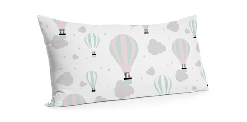 Soft pillow with printed pattern of hot air balloons isolated on white