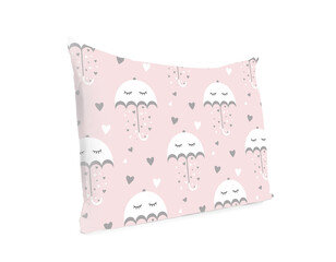 Soft pillow with printed pattern of umbrellas and hearts isolated on white