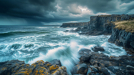 A rugged coastline with crashing waves and dramatic cliffs under a stormy sky.