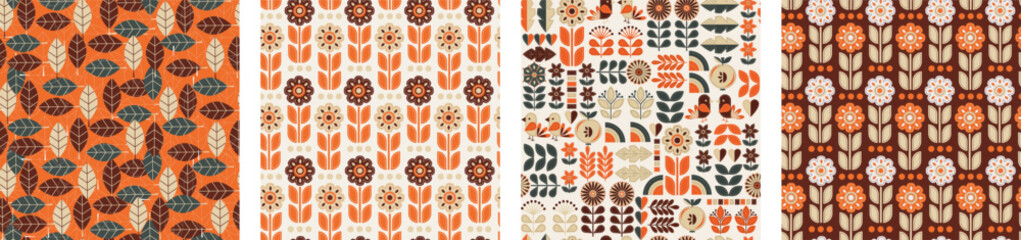 Nordic pattern beige, brow and green color with trees, flowers and geometric elements