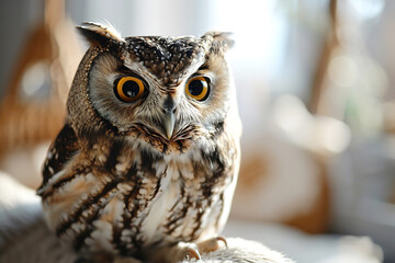 closeup of a domestic owl on blurred background
