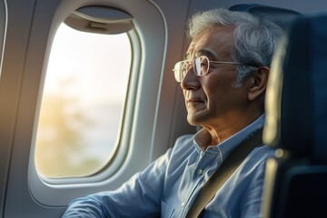 pensive elderly asian gray-haired man with glasses looks out the airplane window
