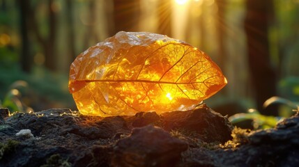 A radiant Amber stone, sunlight passing through to reveal a delicate prehistoric leaf trapped for millennia, the warm golden glow telling tales of the past