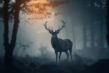 deer in the night foggy forest among the trees
