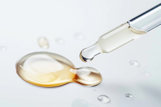 Serum dropper and skin care cosmetics product drop close-up on white background