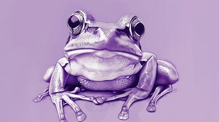 Fototapeta premium a drawing of a frog with big eyes on a purple background with a spot in the middle of the frog's eye and the frog's front legs.