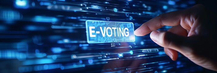 Hand pressing e voting on dark blue background, holograms, cyber security, internet voting concept. - obrazy, fototapety, plakaty