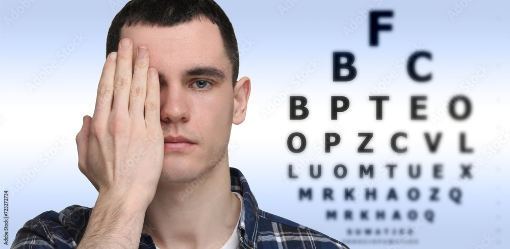 Sticker vision test. young man and eye chart on gradient background. banner design