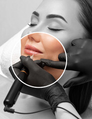 Permanent make-up for lips of beautiful woman in beauty salon. Closeup beautician doing eyebrows...