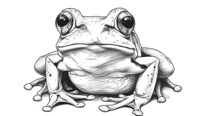 Fototapeta premium a black and white drawing of a frog with eyes wide open, sitting on the ground, looking at the camera with a sad look on it's face.