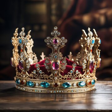 a_colorful_King_crown_on_a_stage_with_gem_stones