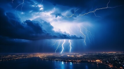 Naklejka na ściany i meble Lightning in the night sky. thunderstorm over the city. stormy dark clouds and rainy weather.