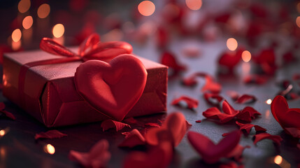 red wrapped gift box and paper heart, valentines present, generative ai - 723273137