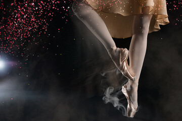 Perfection in ballet. Woman dancing in pointe shoes on black background, closeup. Motion effect...