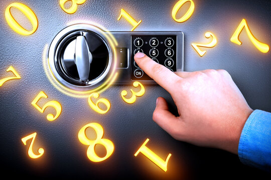 Man pressing buttons on keypad to lock steel safe, closeup. Numbers symbolizing code combination flying around - Powered by Adobe