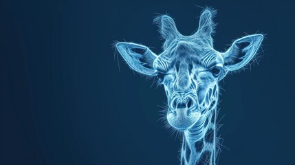  a close up of a giraffe's face on a blue background with a blurry image of the head and neck of a giraffe's head.