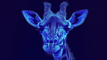 Obraz premium a close up of a giraffe's face with a blue glow on it's face and it's long neck and it's long neck.