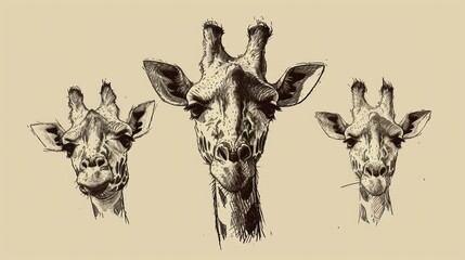  three giraffes standing next to each other with their heads turned to the side and their heads turned to the side, with their heads turned to the side.