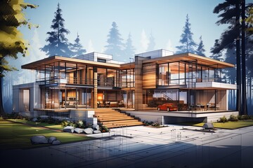 Fototapeta na wymiar Modern luxury home architecture building sketch 3d illustration background