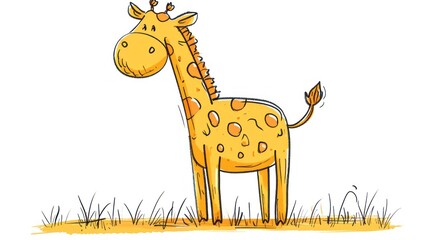  a drawing of a giraffe standing in the grass with its head turned to look like a giraffe with spots on it's body and neck.