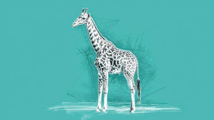  a drawing of a giraffe standing next to a tree on a blue and green background with a line drawing of a giraffe in the foreground.