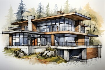 Modern luxury home architecture building sketch 3d illustration background