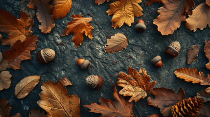 A seasonal flat lay of dried leaves and acorns telling a story of autumns end.