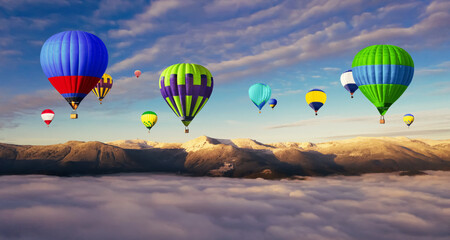 Hot air balloons flying over foggy mountains. Banner design