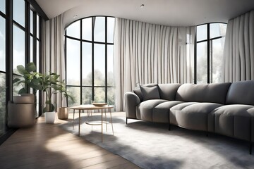 Fototapeta premium Create a design concept for a contemporary living room. Explore furniture styles, color palettes, and layout arrangements that promote a sleek and modern atmosphere.